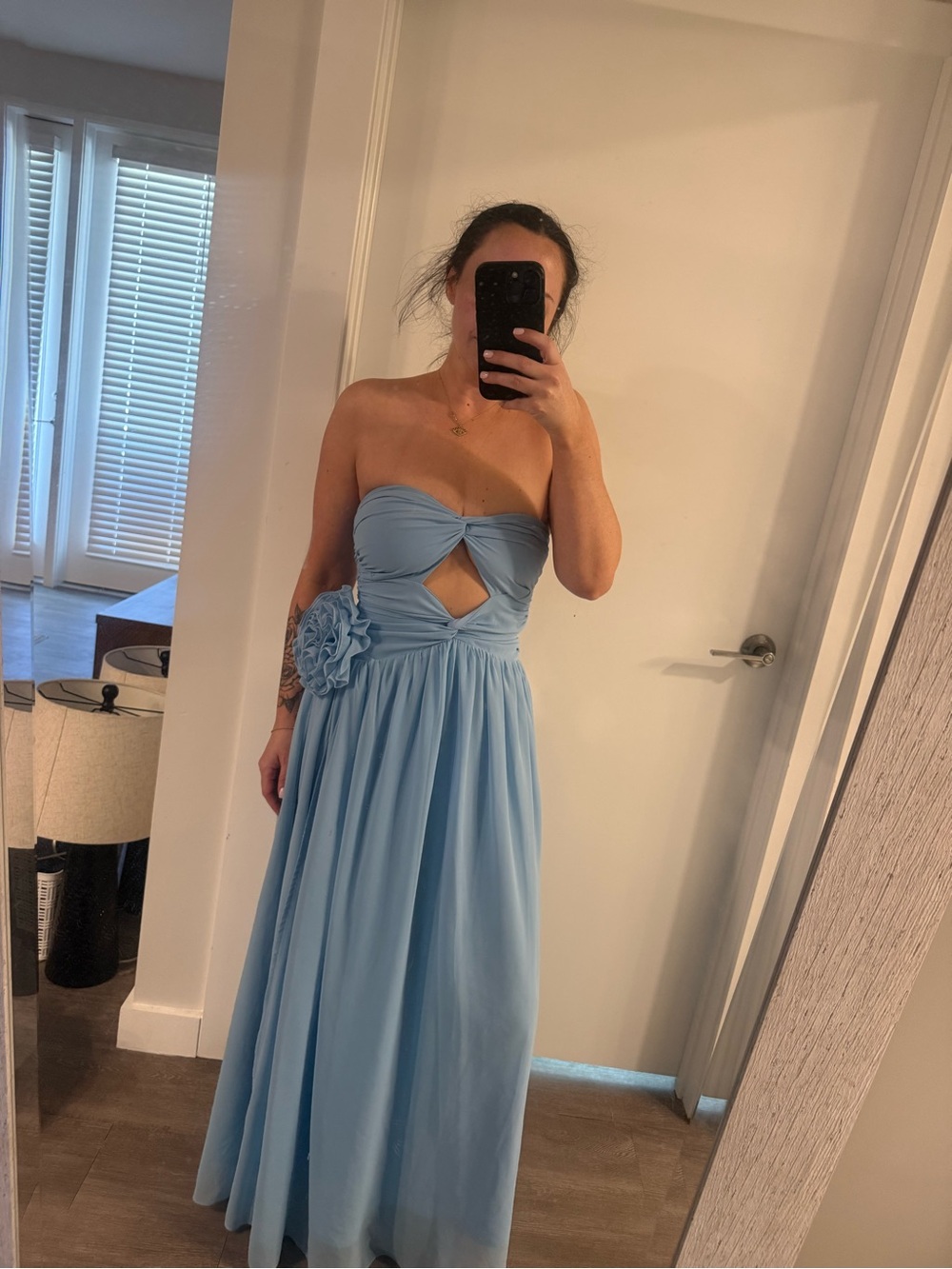 Hello Molly Powder Blue Strapless Chiffon Maxi Dress with Floral Detail